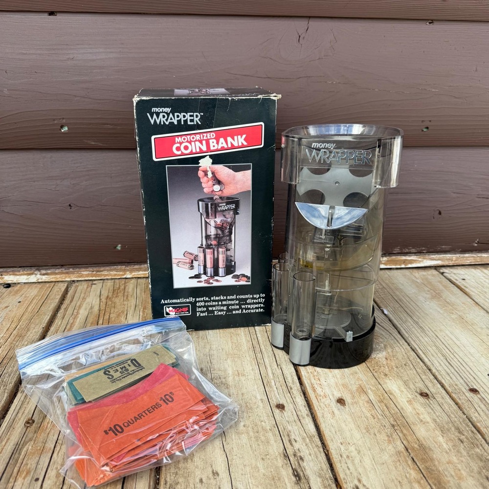 Magnif Money Wrapper Motorized Coin Bank 4600 Smoke Grey Vintage 1994 Boxed